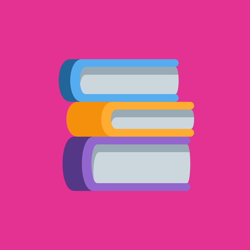 Tools, stacked books - blue, orange, purple, pink background