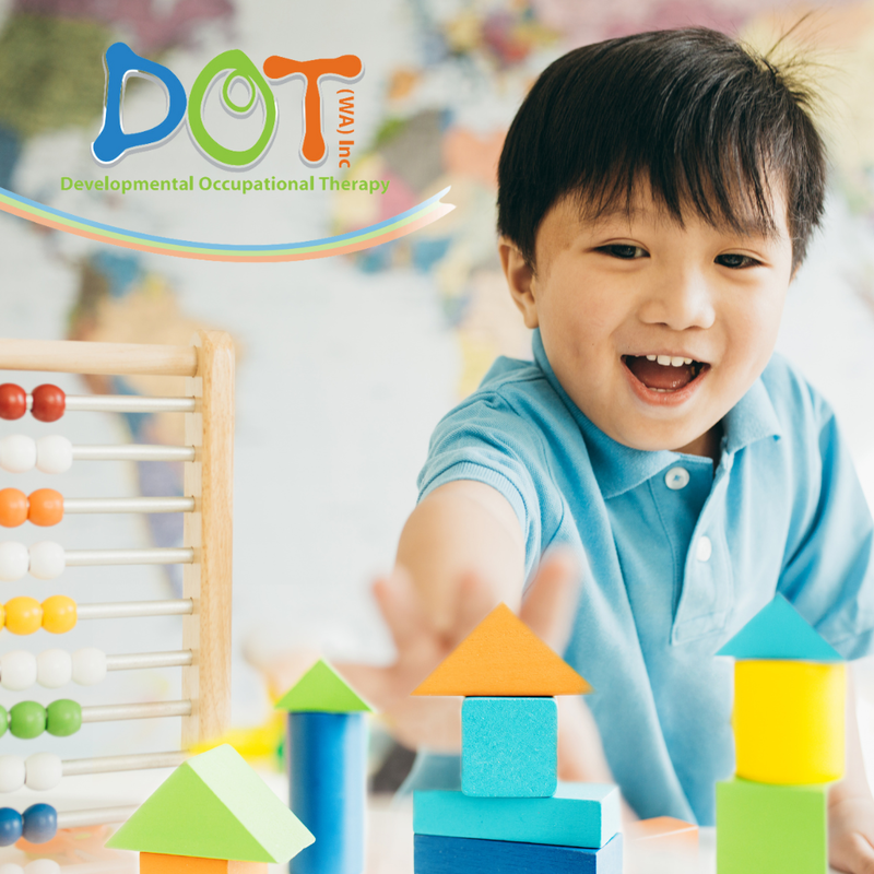 Play + Early Learning Handouts, child reaching for foam blocks, DOT(WA) logo