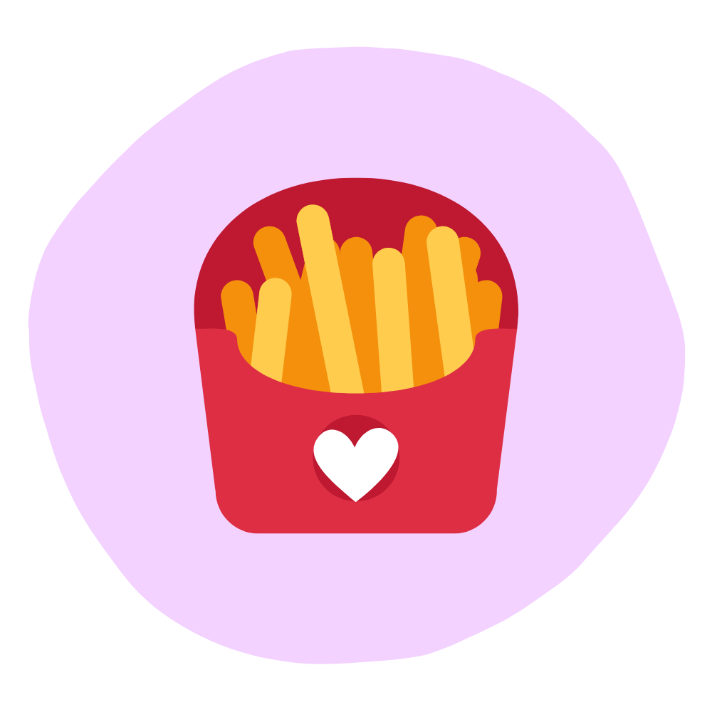 feeding logo, fries in red container with white heart, light pink background