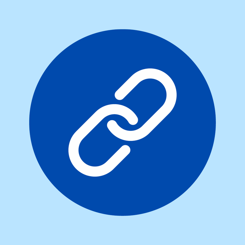 Useful Links, white linked chain inside a dark blue circle on light blue square background.